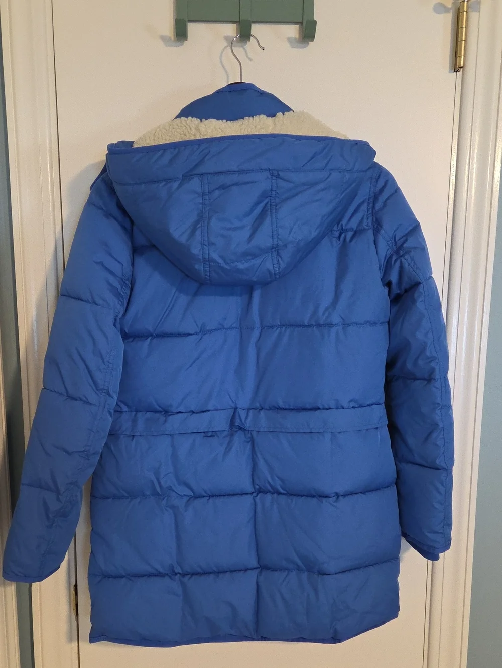 J. Crew Bright Blue Signature Puffer Coat with Red Lining